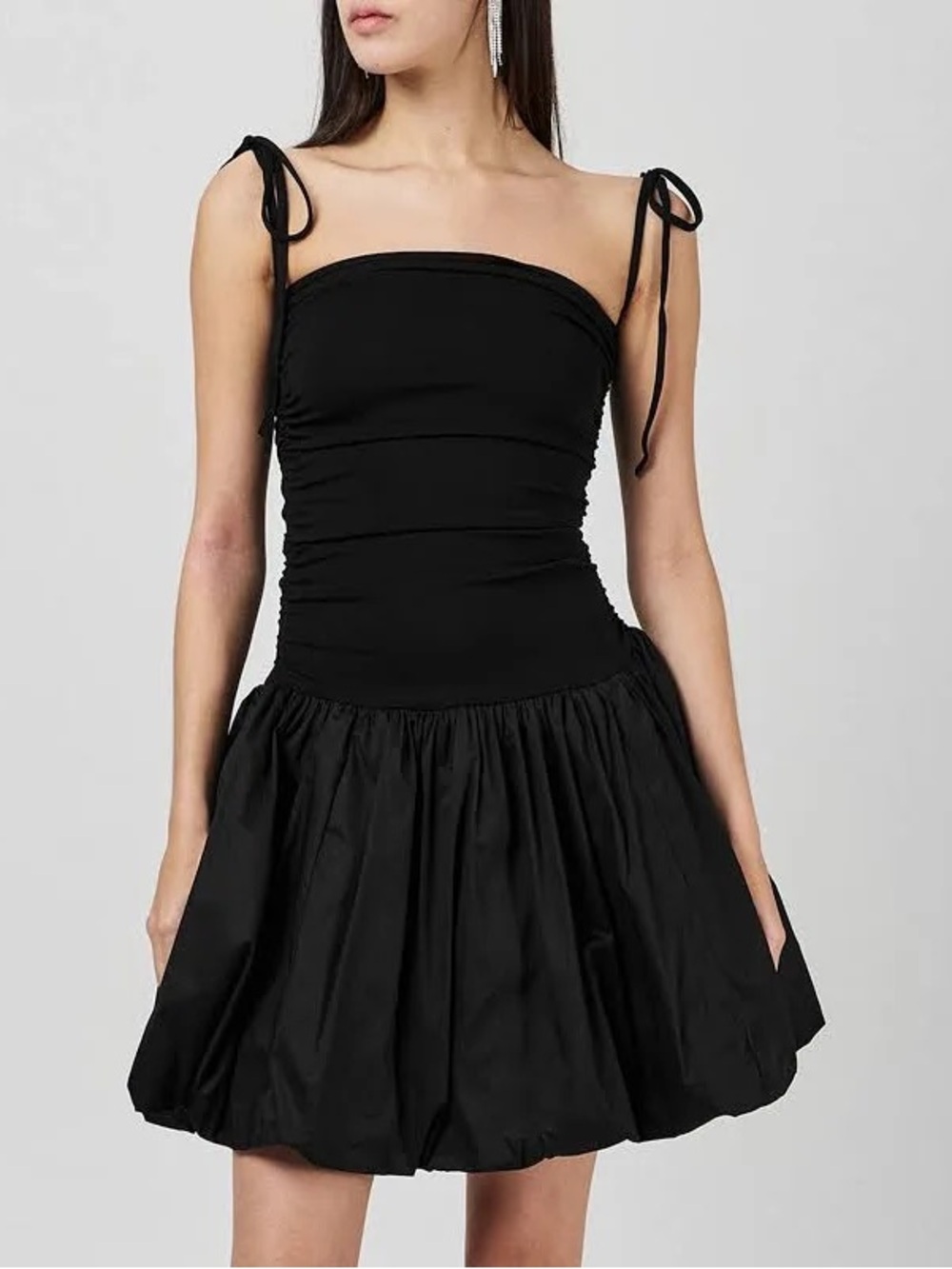 Black Tie-Shoulder Mini Dress with Ruched Bodice